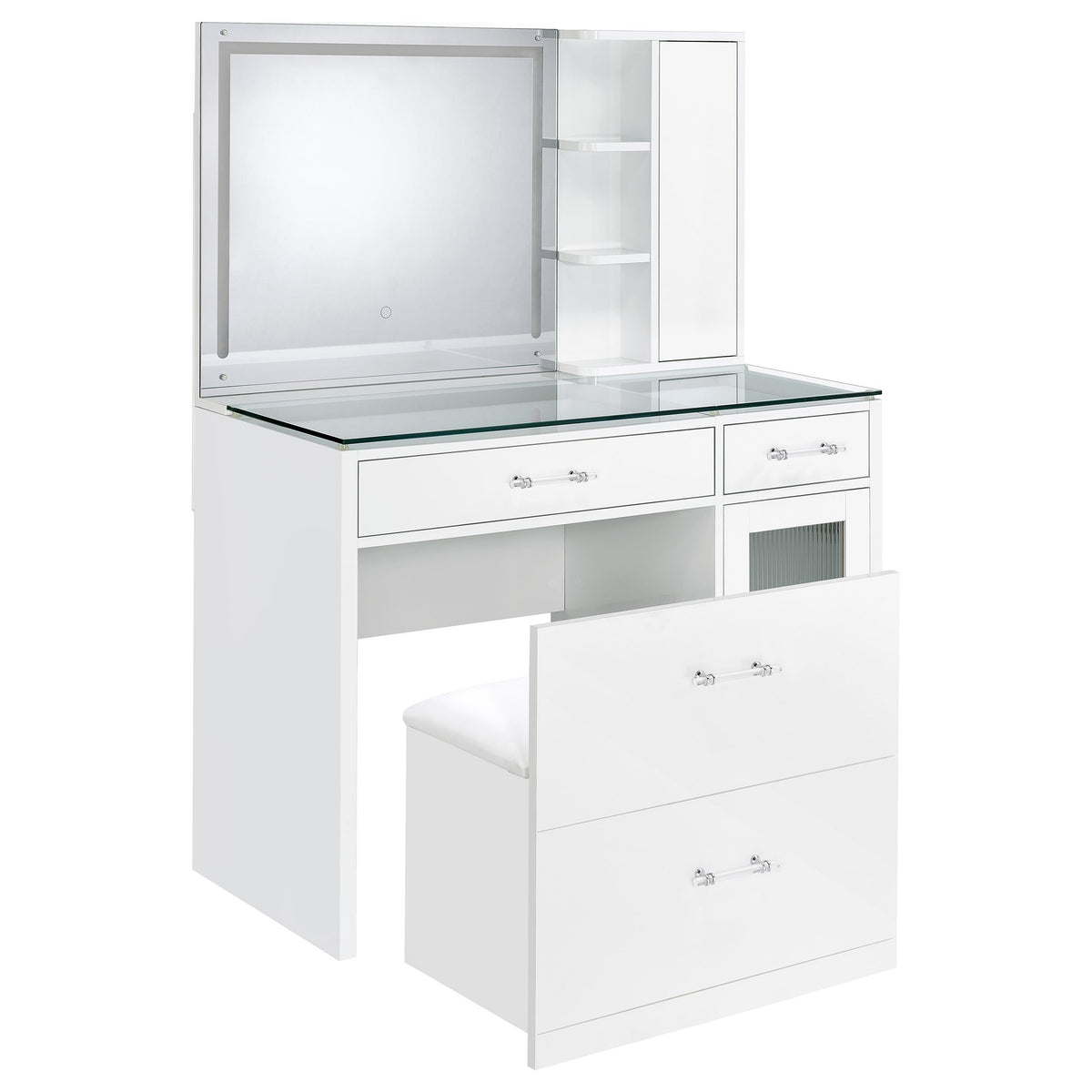 Flora Vanity Set with Touch LED Mirror & Stool - 2 Drawers, Fluted Cabinet in White High Gloss – view 6