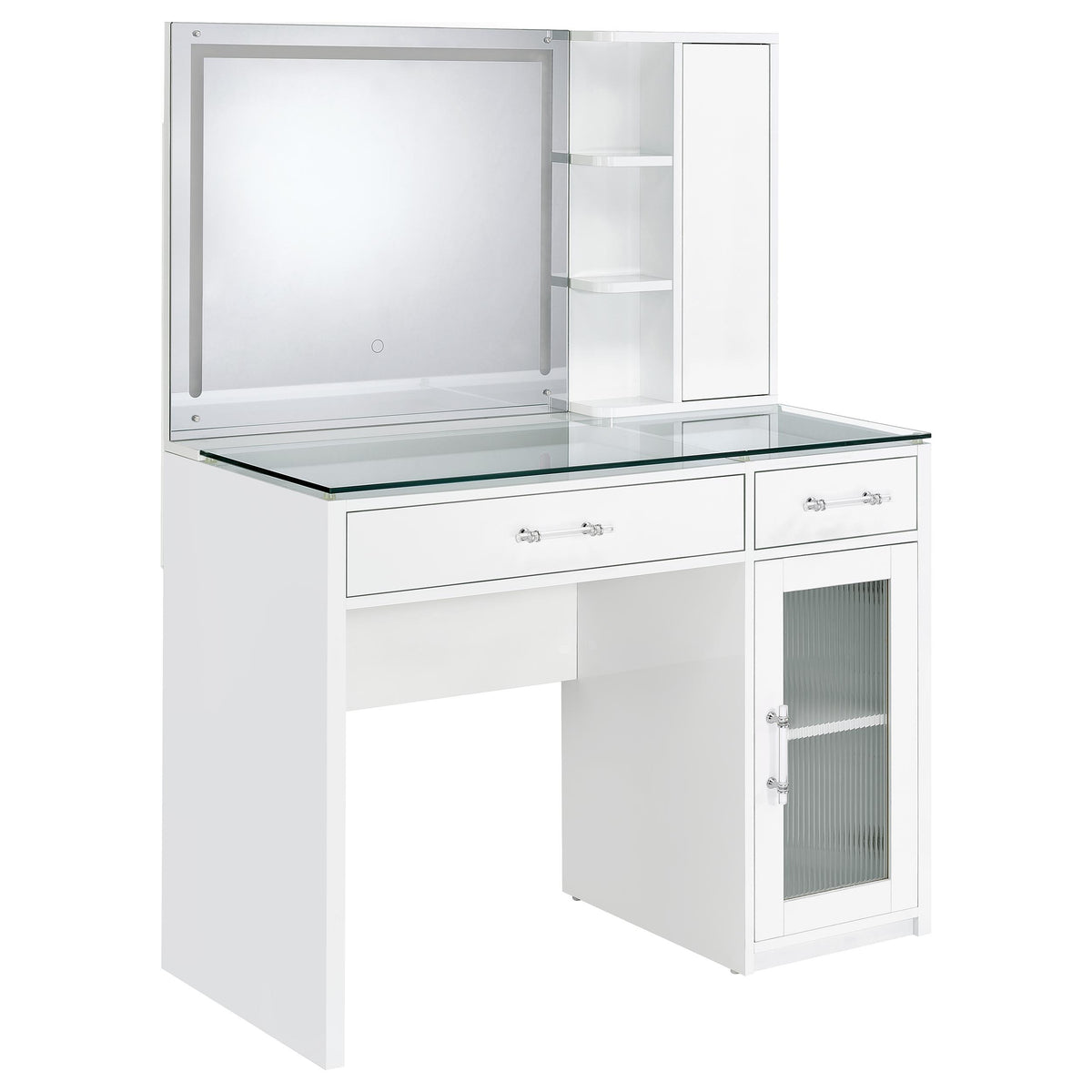 Flora Vanity Set with Touch LED Mirror & Stool - 2 Drawers, Fluted Cabinet in White High Gloss – view 7