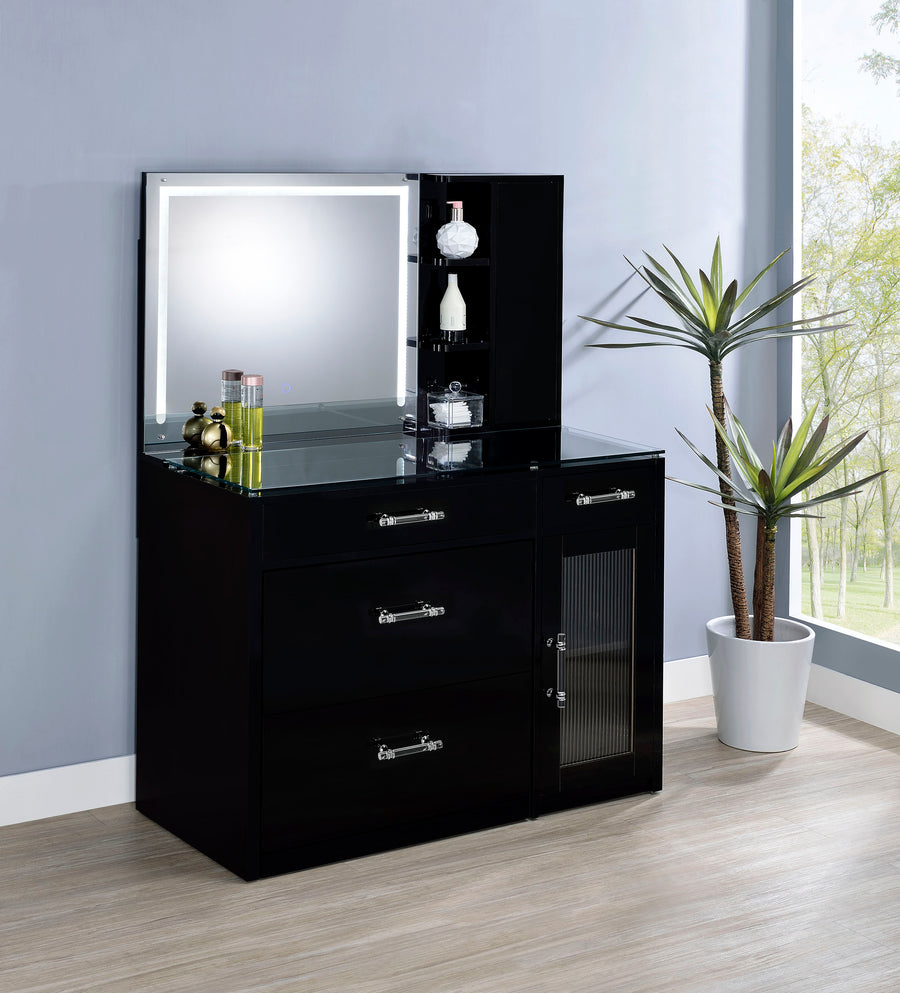 Flora Makeup Vanity Set with LED Mirror & Stool - 2 Drawers, Fluted Cabinet & Glass Top in Black High Gloss