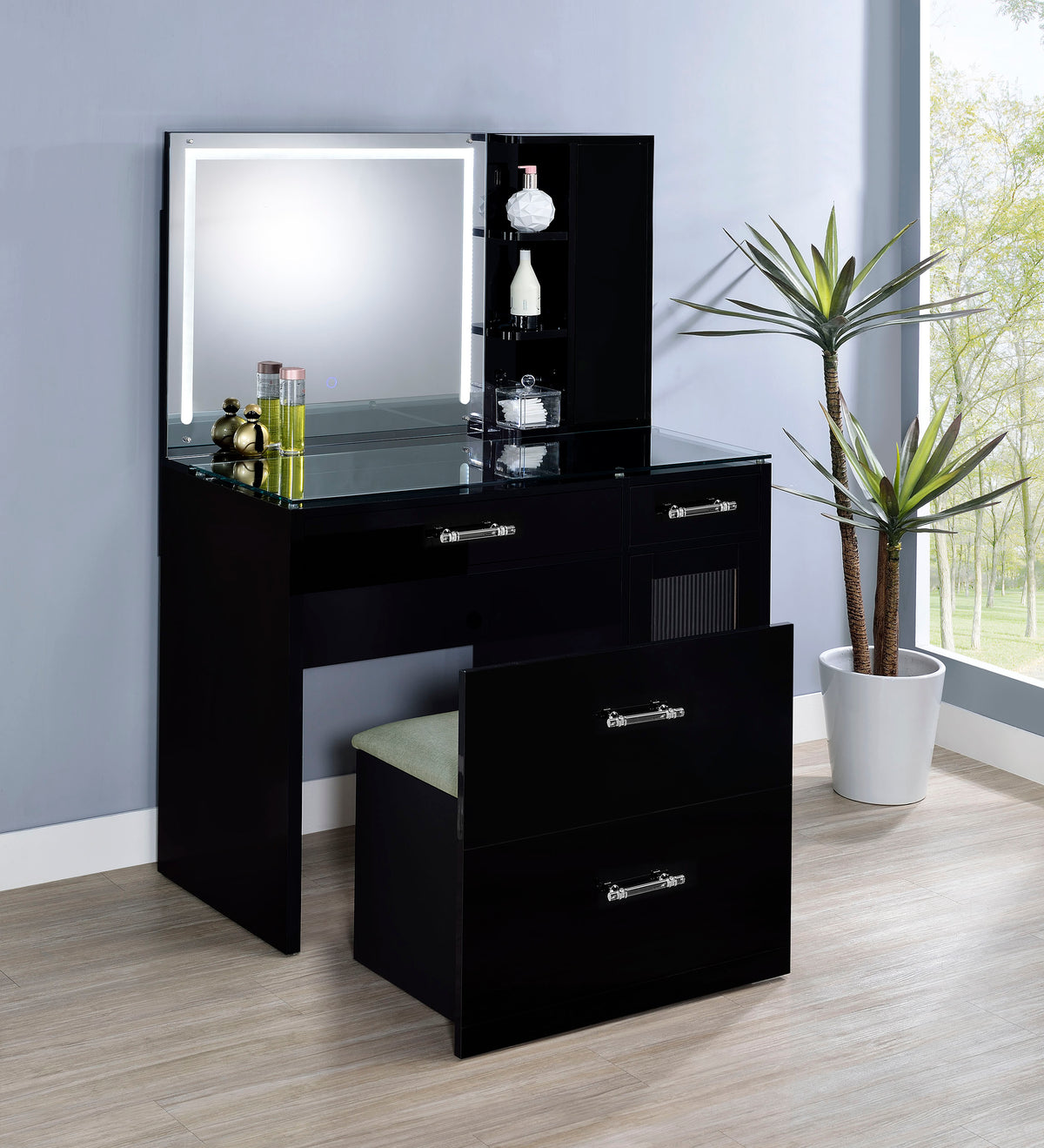 Flora Makeup Vanity Set with LED Mirror & Stool - 2 Drawers, Fluted Cabinet & Glass Top in Black High Gloss – view 3