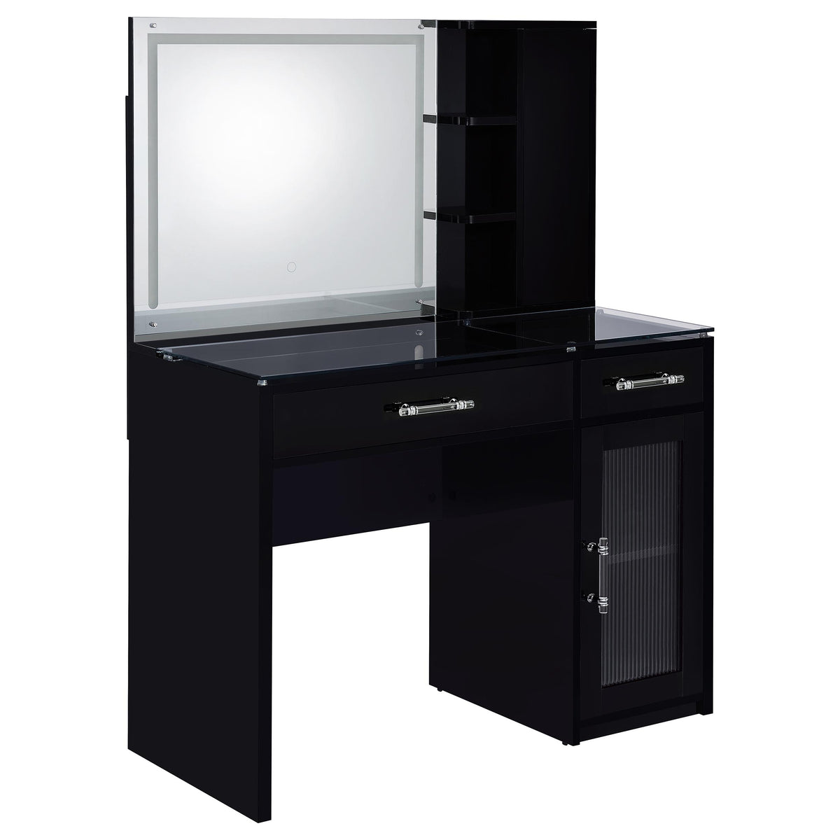 Flora Makeup Vanity Set with LED Mirror & Stool - 2 Drawers, Fluted Cabinet & Glass Top in Black High Gloss – view 7