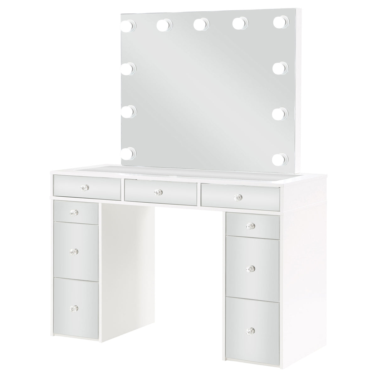 Regina Makeup Vanity Set with Lighted Mirror & Stool - 9 Mirrored Drawers in White – view 5