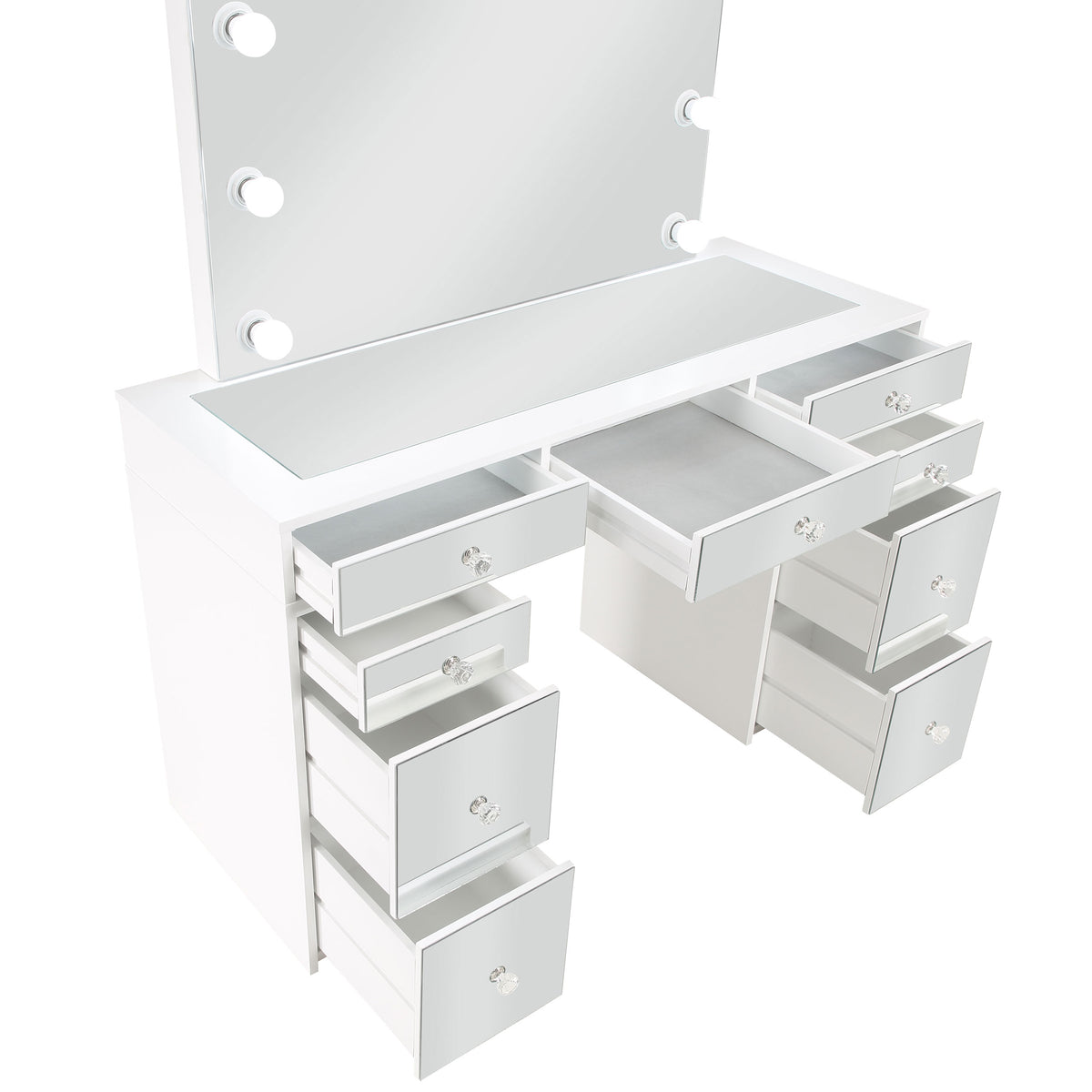 Regina Makeup Vanity Set with Lighted Mirror & Stool - 9 Mirrored Drawers in White – view 10