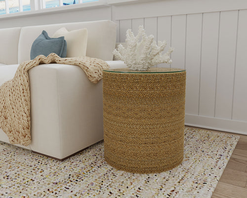 Halden Round Woven Seagrass Accent Side Table - Clear Glass Top in Light Brown, Coastal Style