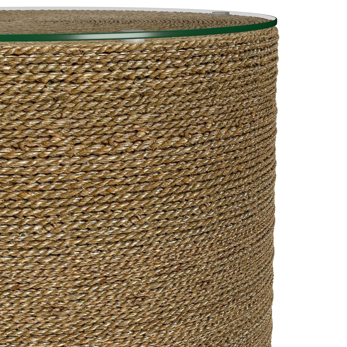 Halden Round Woven Seagrass Accent Side Table - Clear Glass Top in Light Brown, Coastal Style – view 5