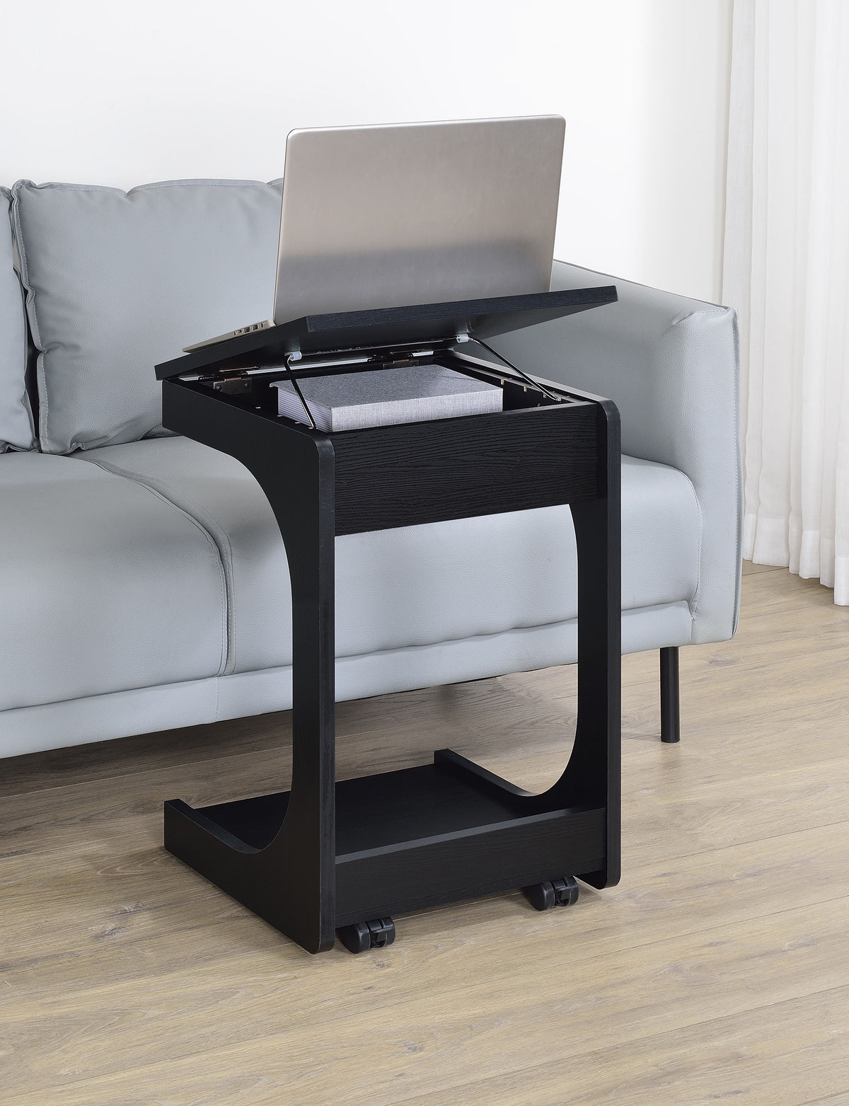 Ralston C-Shaped Lift-Top Sofa Side Table with Casters - Black with Storage Compartment – view 3
