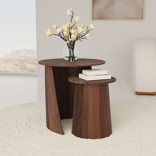 Yency 2-Piece Round Solid Mango Wood Nesting Tables - Mid-Century Dark Brown, Arrive Assembled