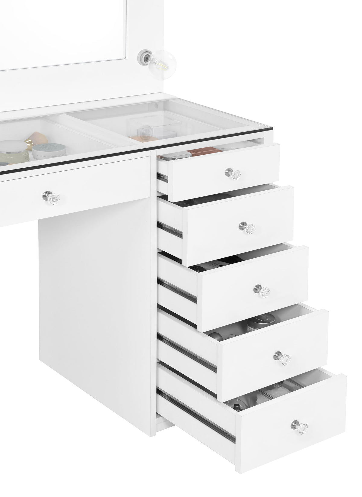Acena Lighted Vanity Set with 7 Drawers - Hollywood Mirror with 11 Globe Lights in White or Black High Gloss โ view 7