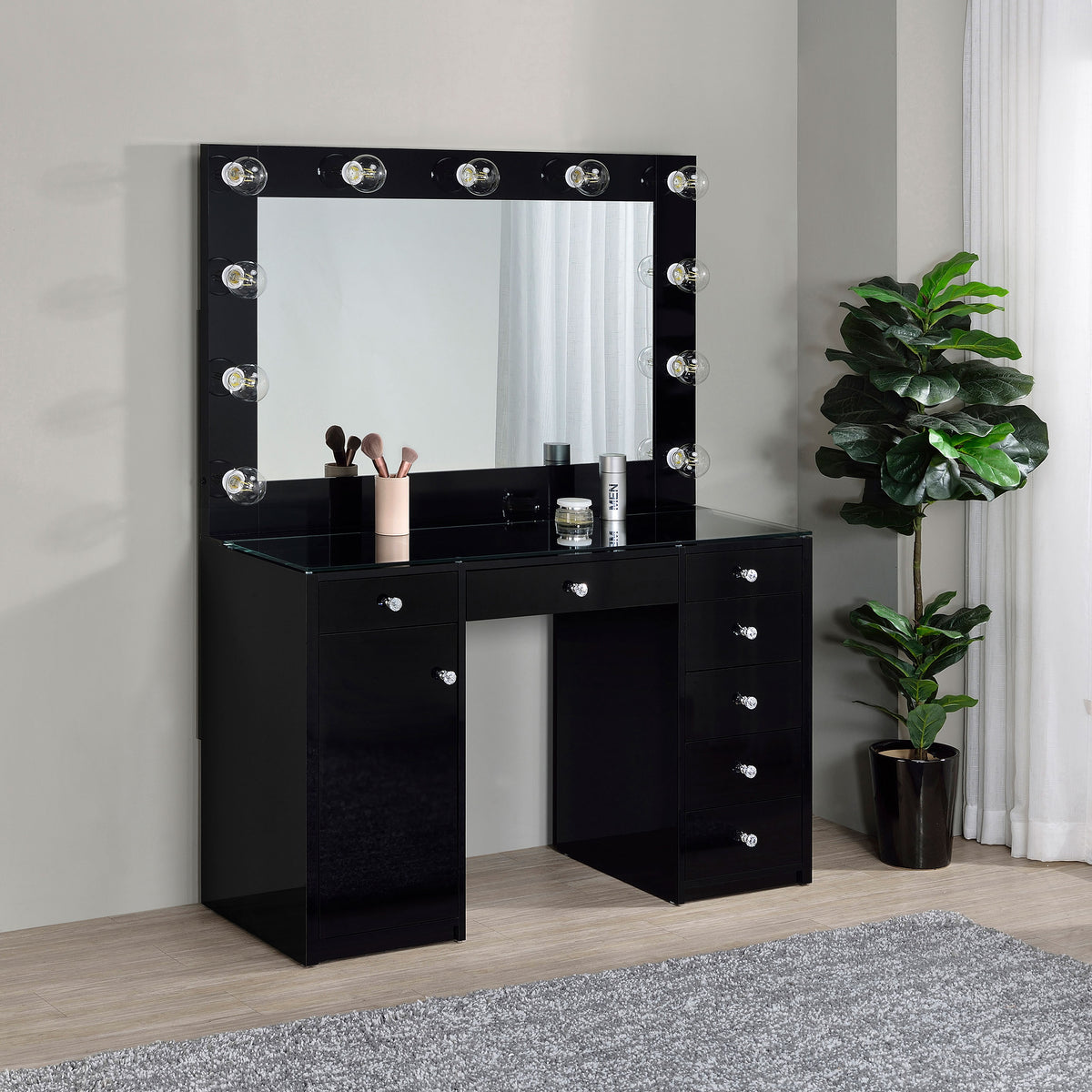 Acena Lighted Vanity Set with 7 Drawers - Hollywood Mirror with 11 Globe Lights in White or Black High Gloss โ view 2