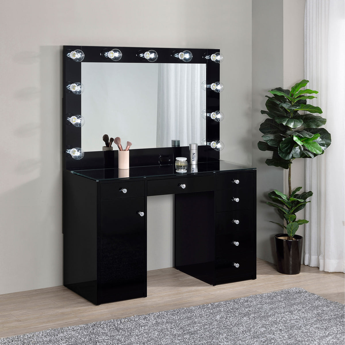 Acena Lighted Vanity Set with 7 Drawers - Hollywood Mirror with 11 Globe Lights in White or Black High Gloss โ view 9