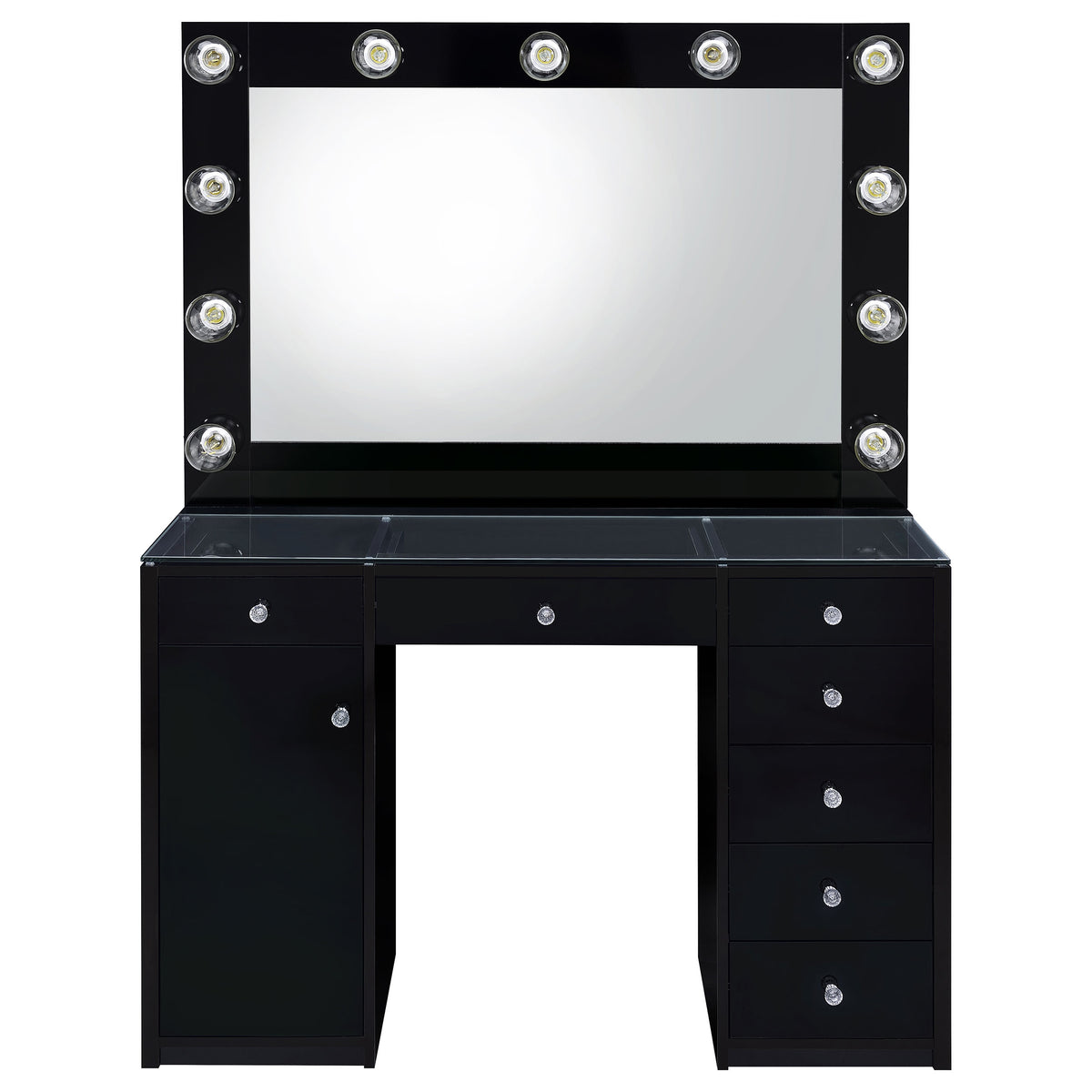 Acena Lighted Vanity Set with 7 Drawers - Hollywood Mirror with 11 Globe Lights in White or Black High Gloss โ view 11