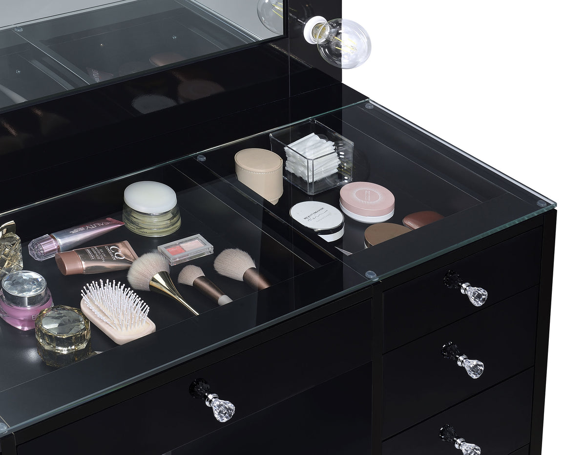 Acena Lighted Vanity Set with 7 Drawers - Hollywood Mirror with 11 Globe Lights in White or Black High Gloss โ view 16