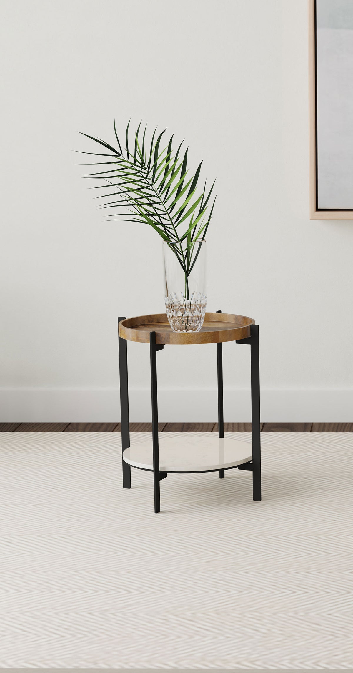 Adhvik Round End Table with Marble Shelf - Natural Mango Wood Top on Black Iron Legs – view 1