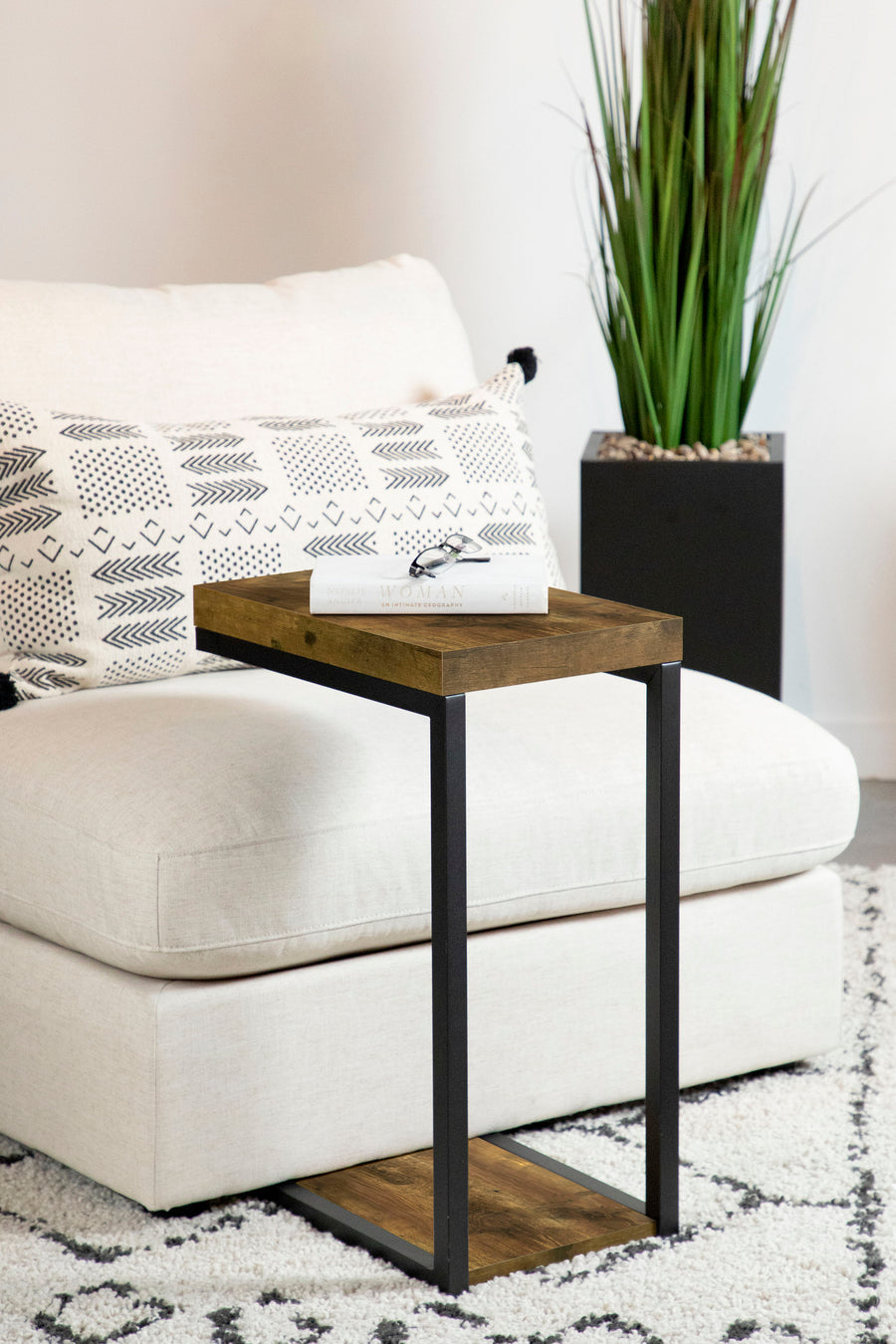 Beck C-Shape Sofa Side Table - Industrial Rustic Nutmeg Top with Black Steel Frame