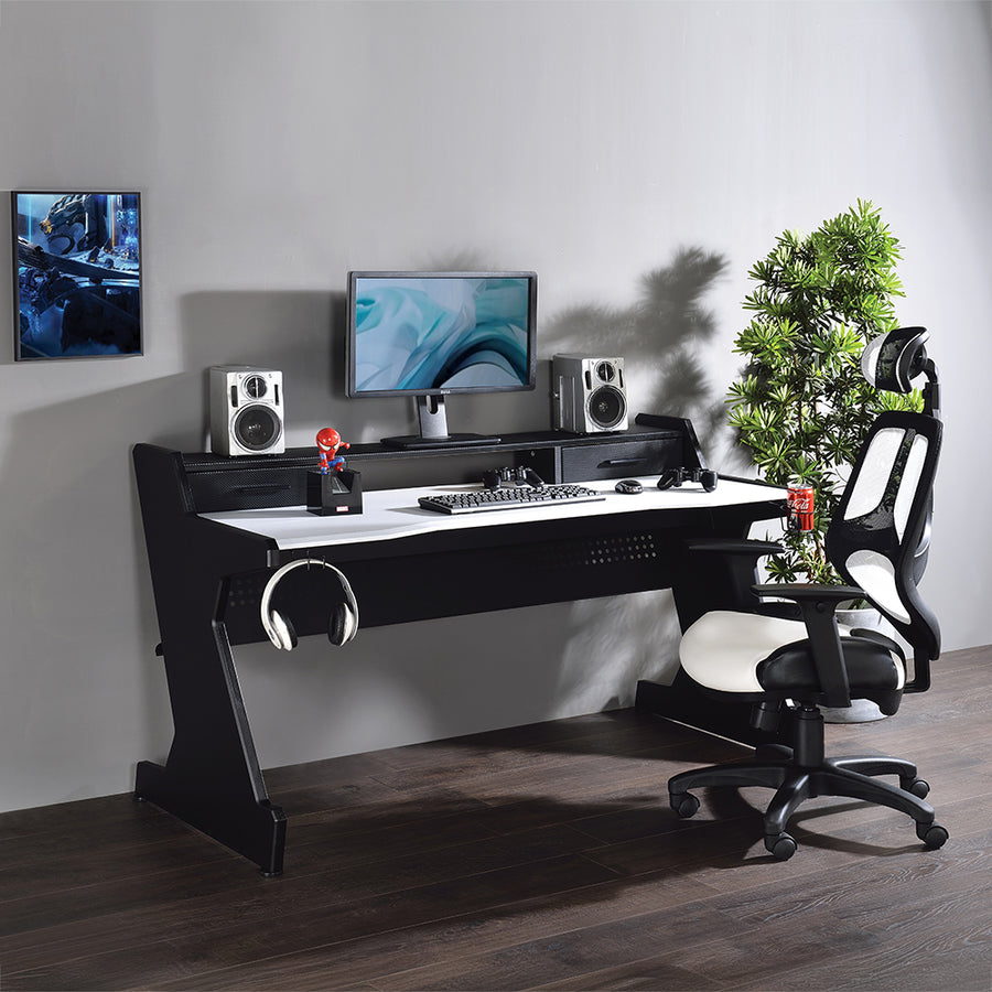 Bigga Gaming Desk - 2 Drawers & Open Storage in Black & White
