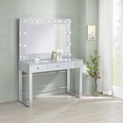 Umbridge Hollywood Vanity Set with LED Bulb Mirror & Stool - Mirrored Chrome with Glass Top Drawers