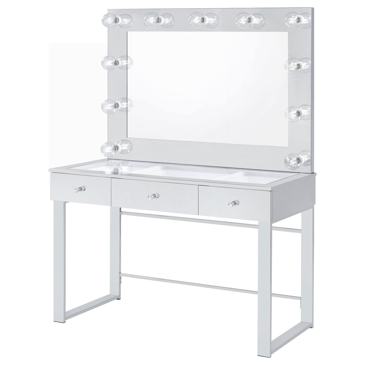 Umbridge Hollywood Vanity Set with LED Bulb Mirror & Stool - Mirrored Chrome with Glass Top Drawers โ view 6