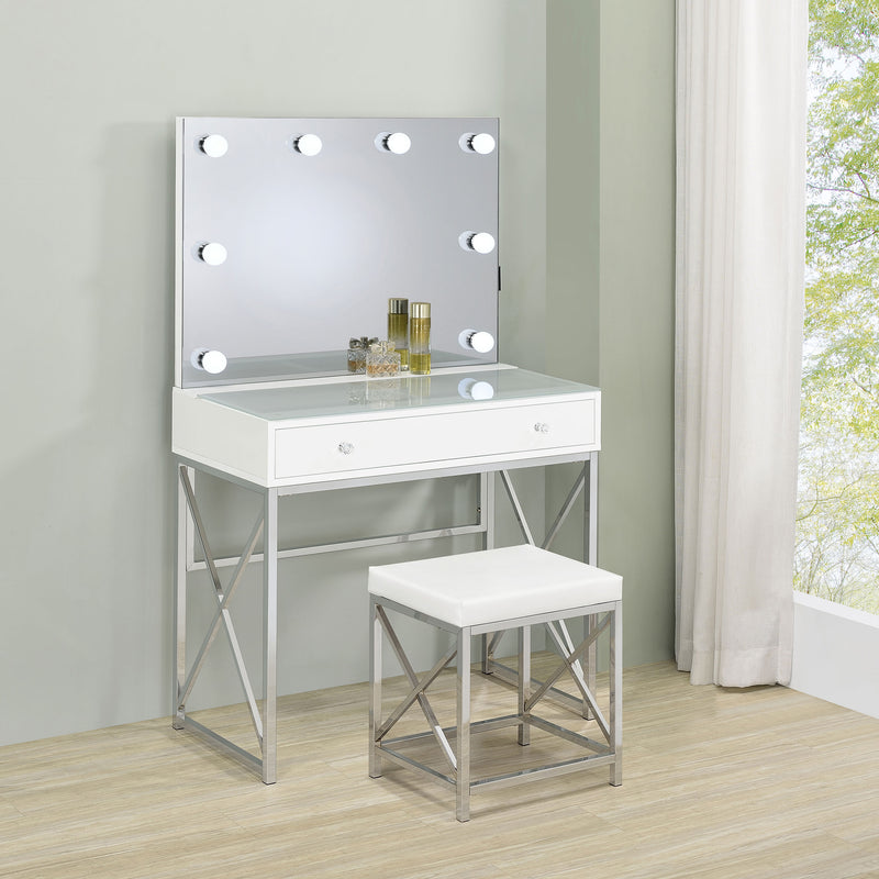 Eliza Makeup Vanity Set with Lighted Mirror & Stool - White with Chrome Accents