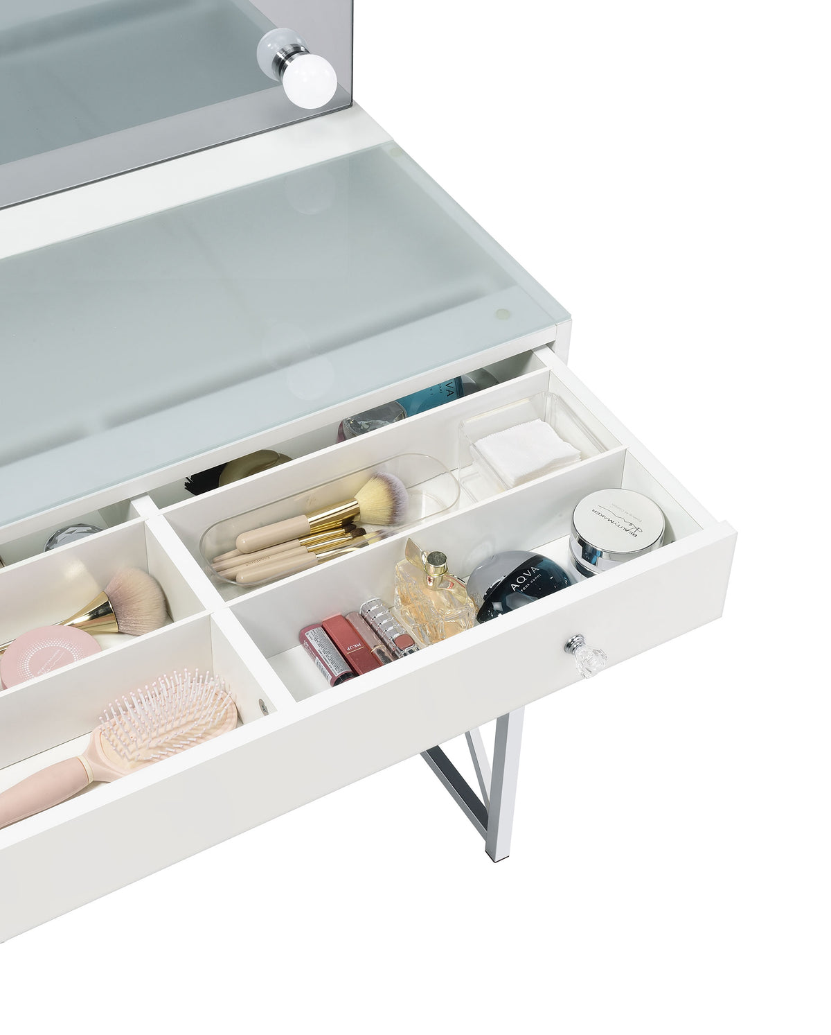 Eliza Makeup Vanity Set with Lighted Mirror & Stool - White with Chrome Accents – view 14