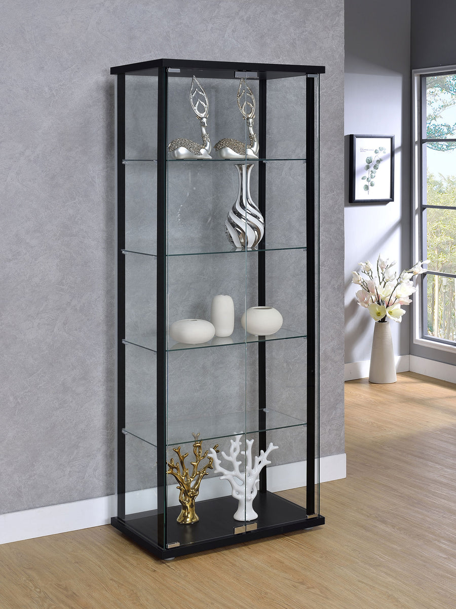 Delphinium Glass Curio Cabinet - 4 Clear Glass Shelves & Chrome Hardware in Black