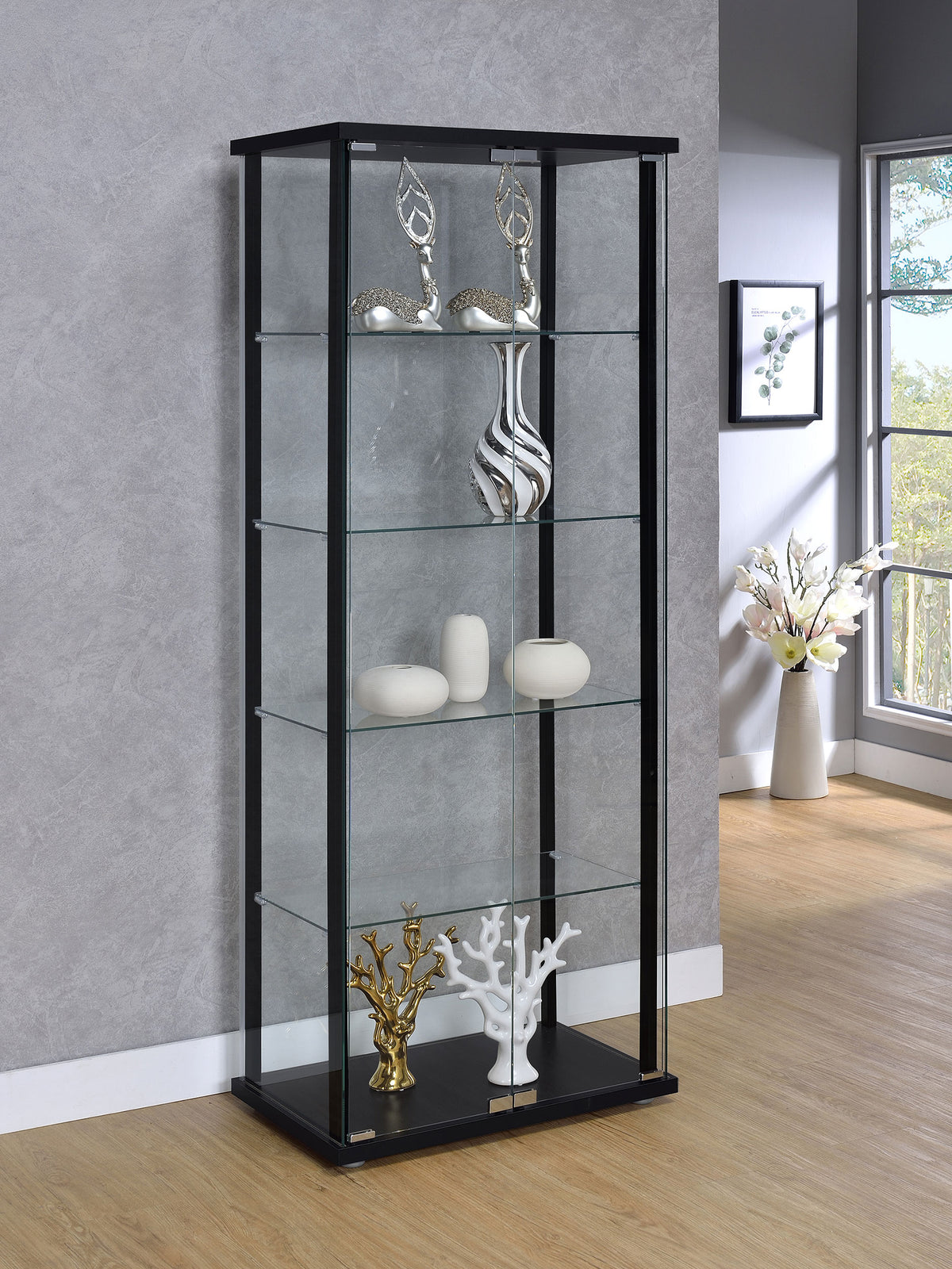 Delphinium Glass Curio Cabinet - 4 Clear Glass Shelves & Chrome Hardware in Black – view 1