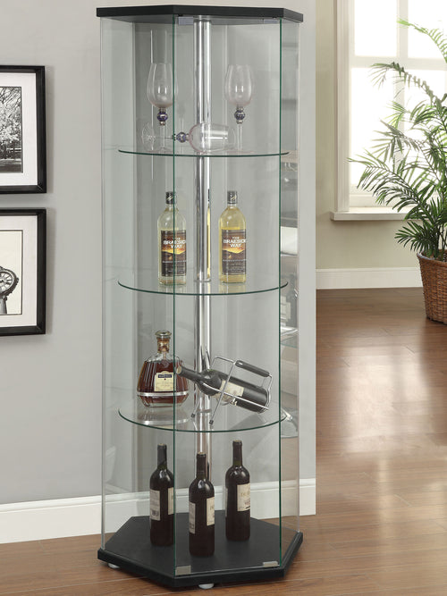 Zahavah Hexagonal Glass Curio Cabinet - Black with Chrome Accents & Push-to-Open Door