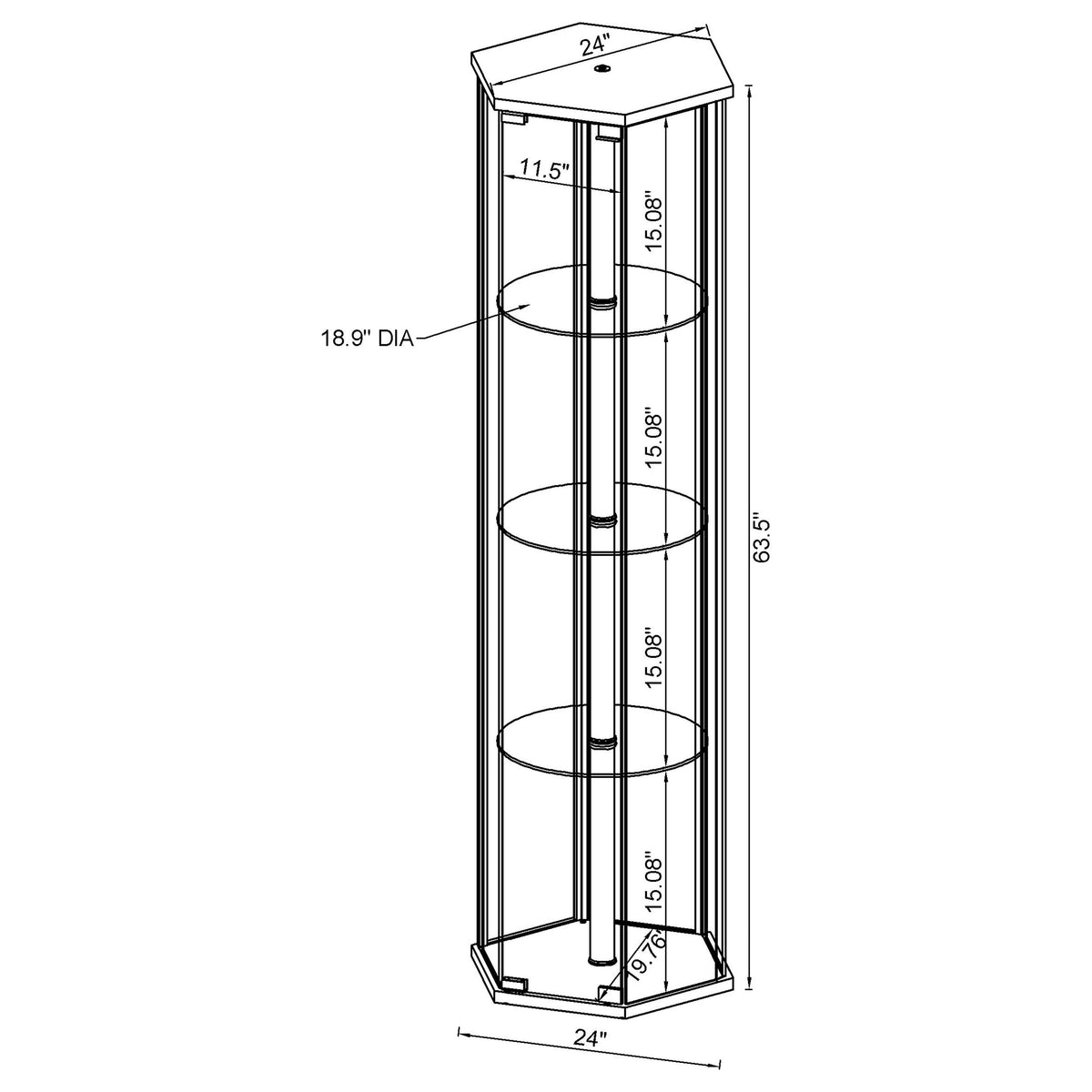 Zahavah Hexagonal Glass Curio Cabinet - Black with Chrome Accents & Push-to-Open Door – view 4
