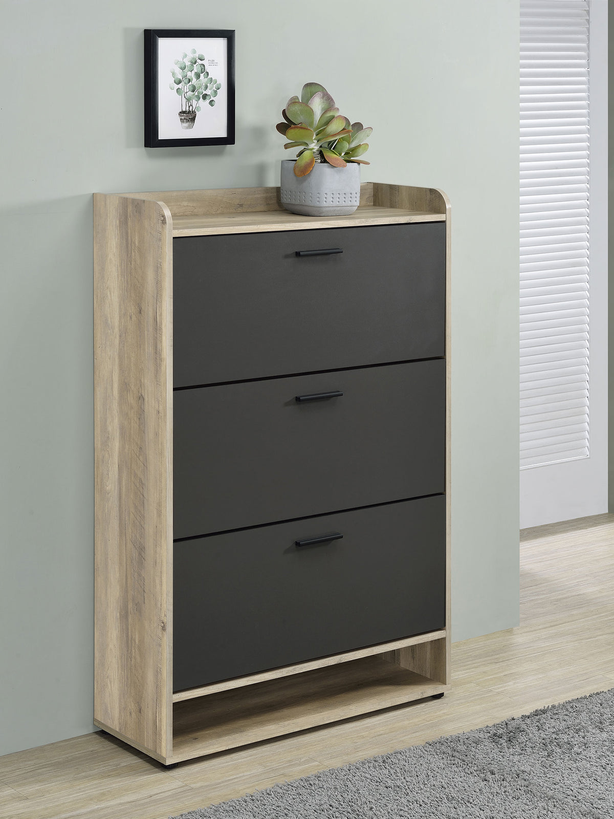 Denia 3-Tier Tilt-Out Shoe Cabinet with Open Lower Shelf - Slim Entryway Storage in Grey – view 1