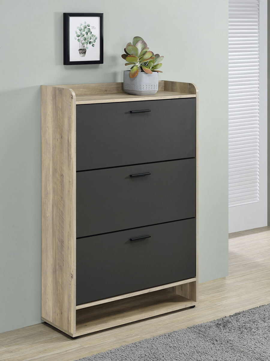 Denia 3-Tier Tilt-Out Shoe Cabinet with Open Lower Shelf - Slim Entryway Storage in Grey