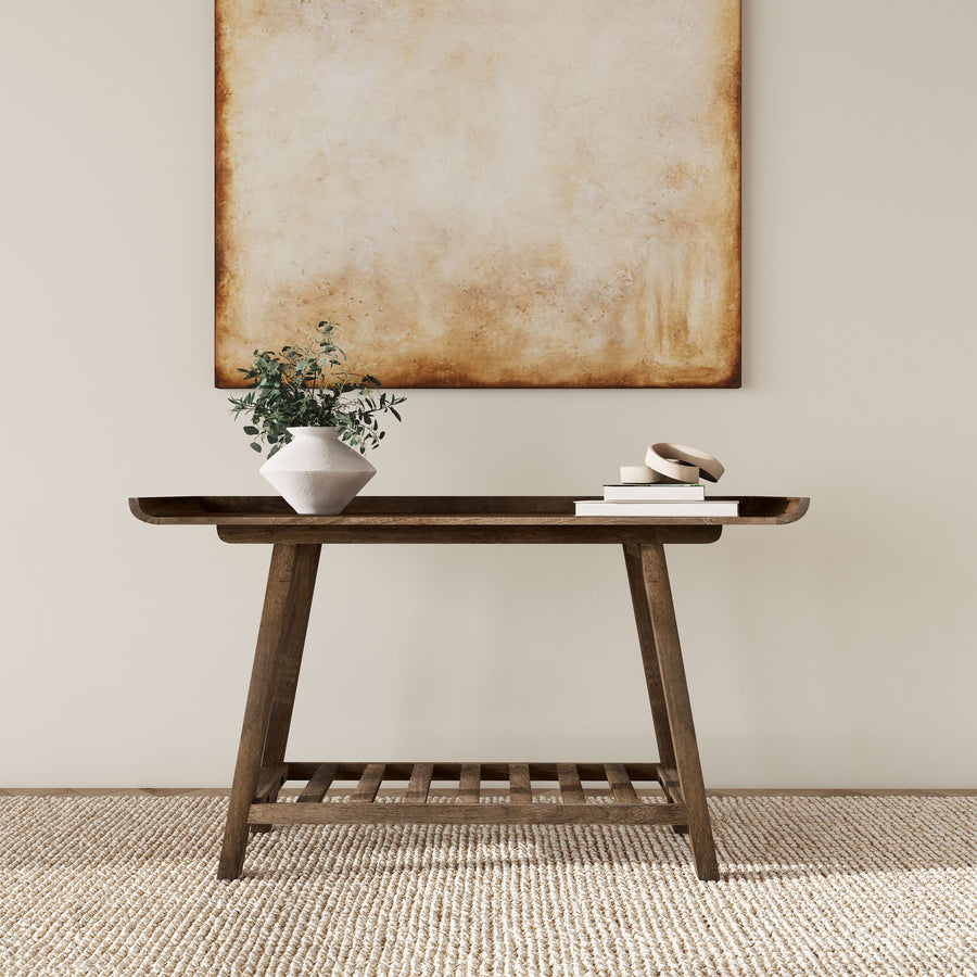 Ornelas 46" Solid Mango Wood Console Table with Slatted Shelf - Mid-Century Tray Top in Mango Brown