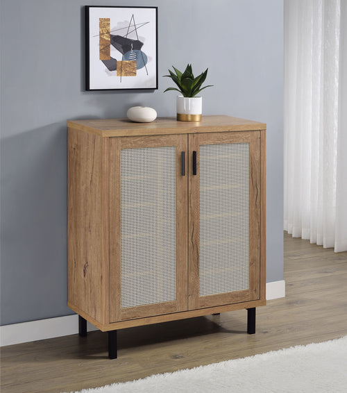 Teller 2-Door Shoe Cabinet with Metal Cane Panels - Natural Oak on Black Metal Legs