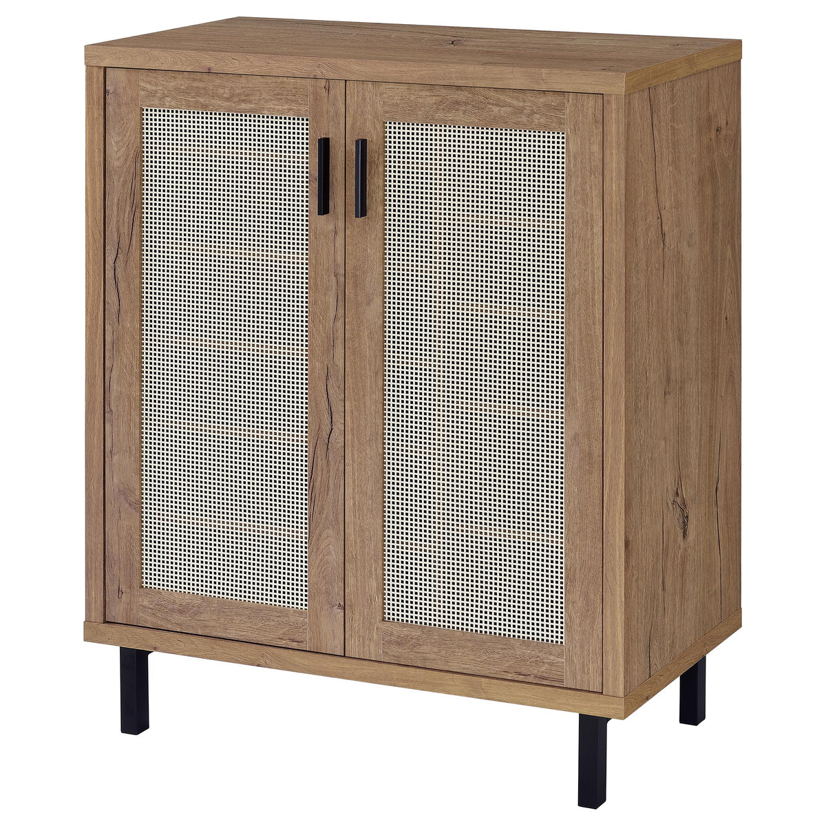 Teller 2-Door Shoe Cabinet with Metal Cane Panels - Natural Oak on Black Metal Legs – view 5