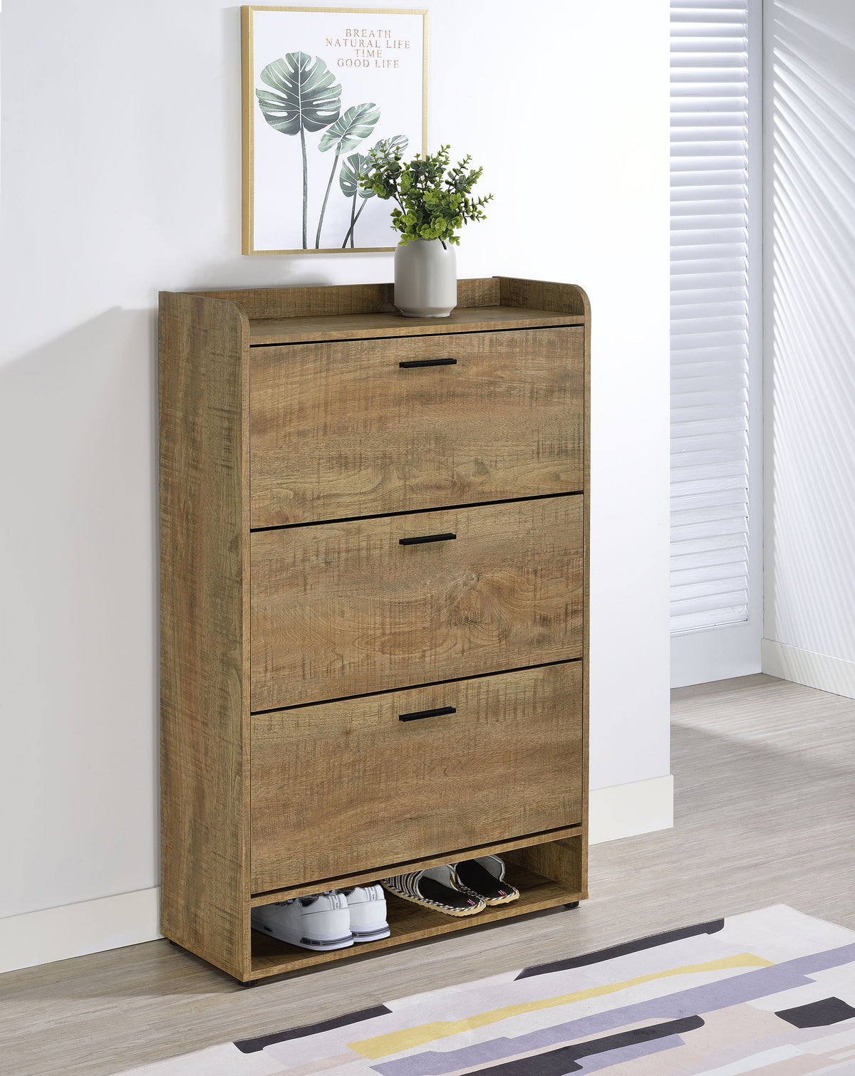 Denia 3-Tier Tilt-Out Shoe Cabinet - Rustic Mango Finish with Black Pulls & Open Lower Shelf – view 1