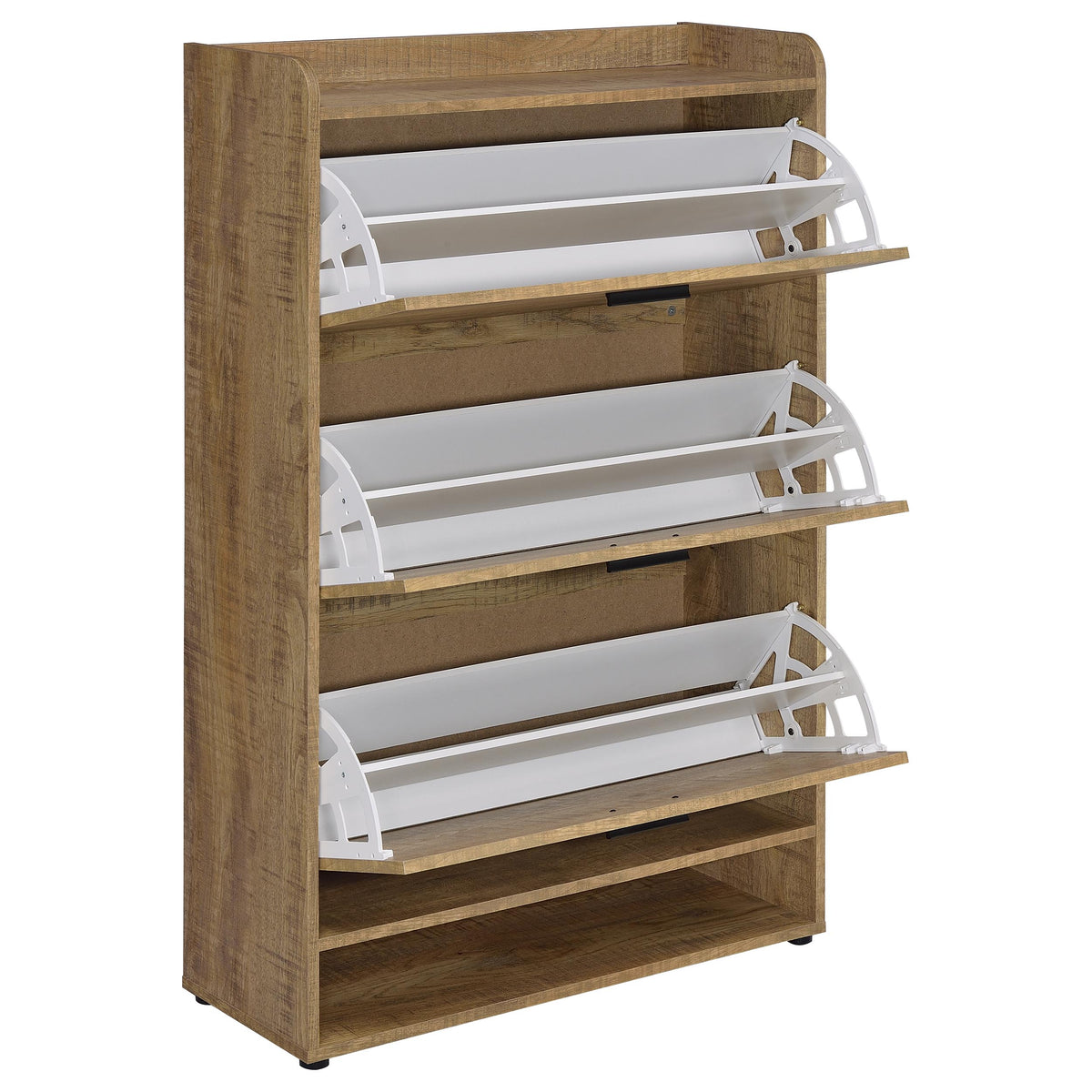 Denia 3-Tier Tilt-Out Shoe Cabinet - Rustic Mango Finish with Black Pulls & Open Lower Shelf – view 4