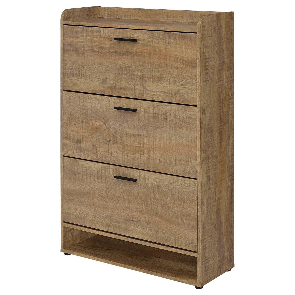 Denia 3-Tier Tilt-Out Shoe Cabinet - Rustic Mango Finish with Black Pulls & Open Lower Shelf – view 6