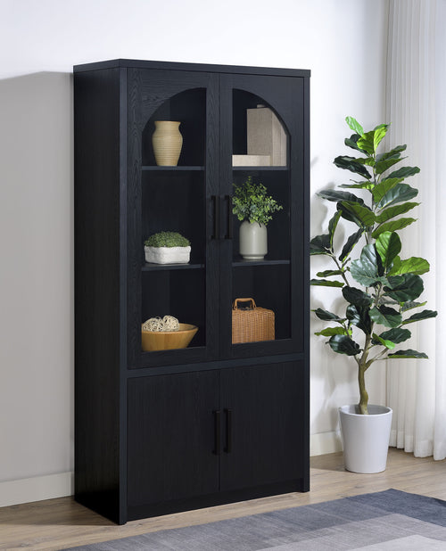 Riva Arched Glass Door Display Cabinet with LED Lighting - Tall Black Woodgrain Accent Cabinet