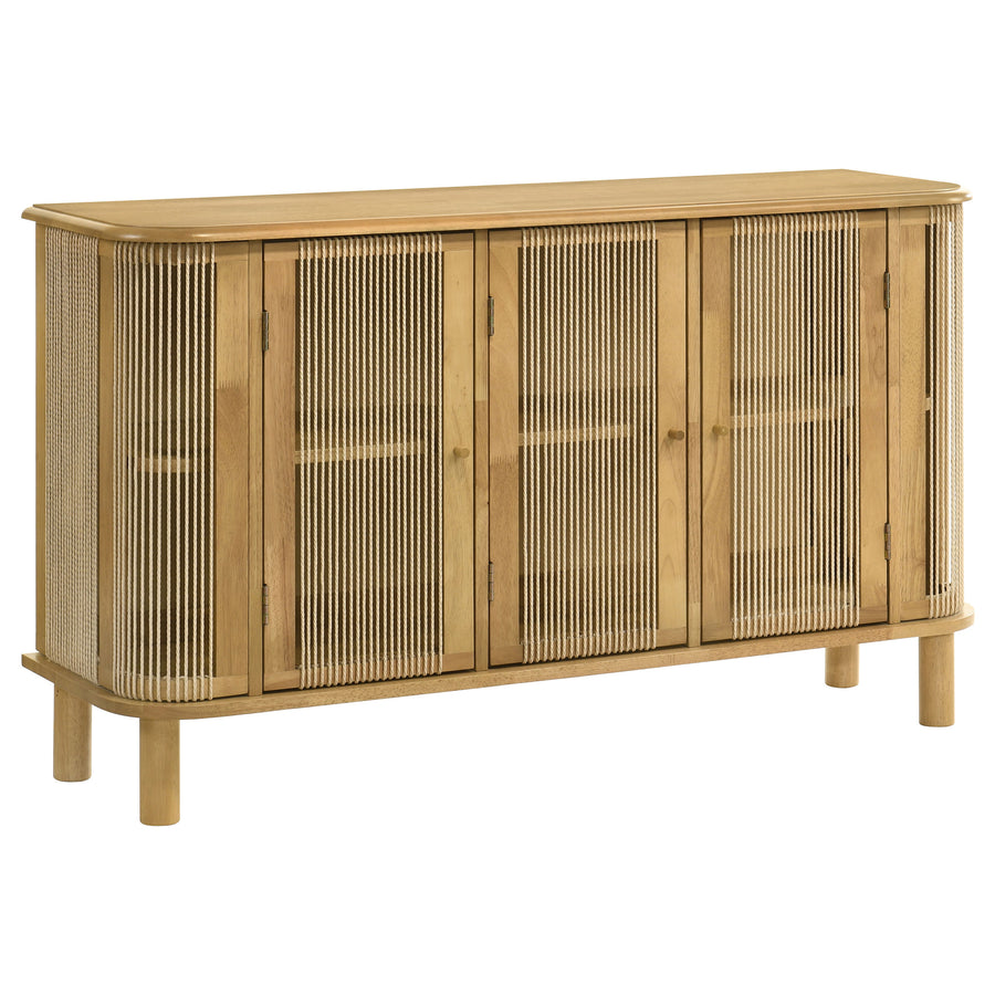 Ervine 3-Door Accent Cabinet - Natural Rubberwood with Rope Panel Texture & Round Pulls