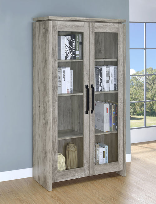 Alejo Tall Curio Display Cabinet with 2 Glass Doors - Coastal Grey Driftwood with Black Hardware