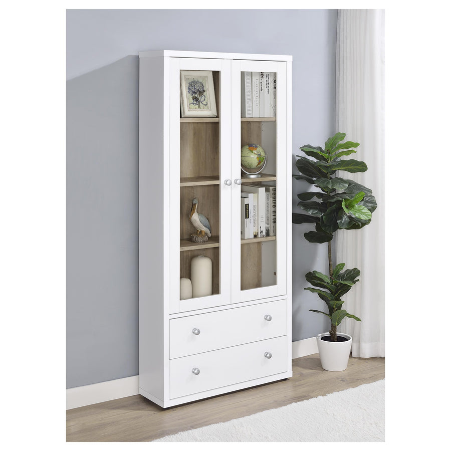 Hawthorne Tall Glass Door Display Cabinet with Drawers - 4 Shelves in White, Farmhouse Style