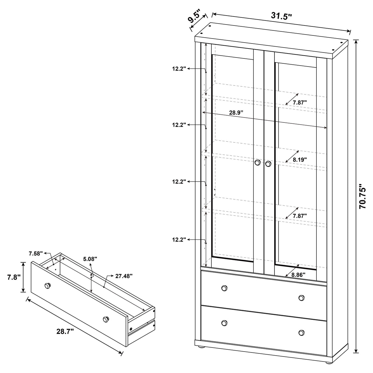 Hawthorne Tall Glass Door Display Cabinet with 2 Drawers - 4 Shelves in Warm Mango Finish – view 11