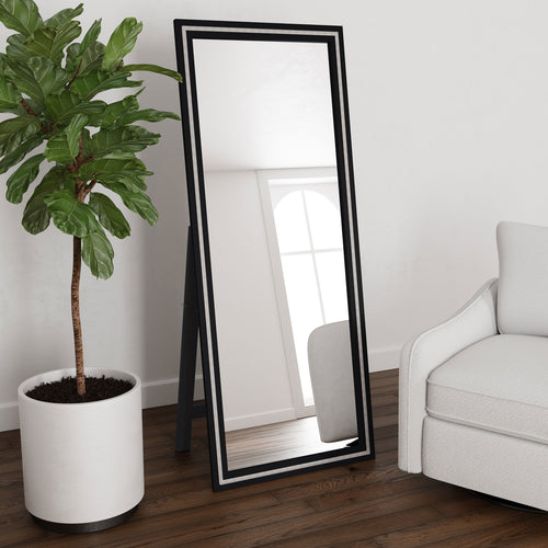 Windrose LED Standing Floor Mirror - 28 x 67" Full-Length with Silver Trim in Black