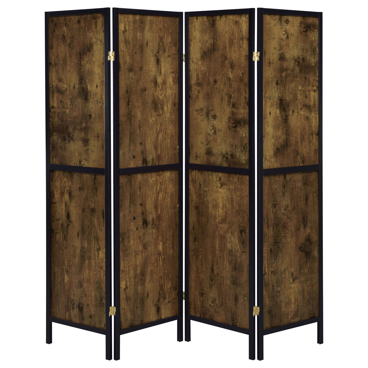 Deepika 4-Panel Folding Room Divider - Rustic Nutmeg Wood Panels with Black Frame – view 3