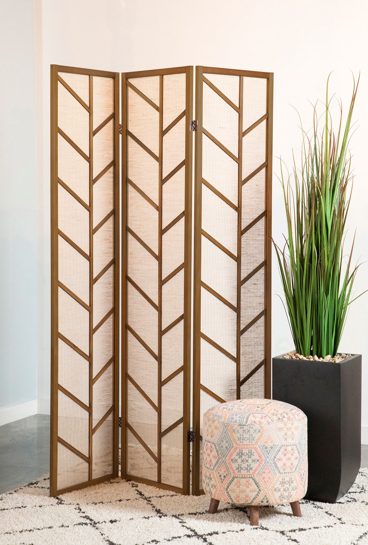 Mila 3-Panel Folding Shoji Room Divider - Chevron Walnut Pine Frame with Natural Jute Panels – view 1