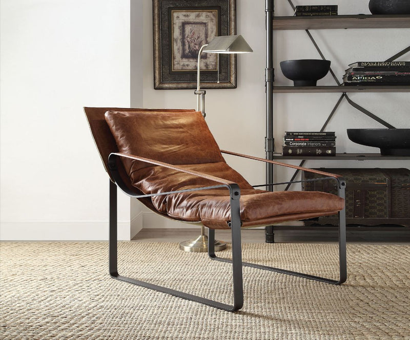 Quoba Top Grain Leather Lounge Chair - Curved Back & Metal Legs in Cocoa