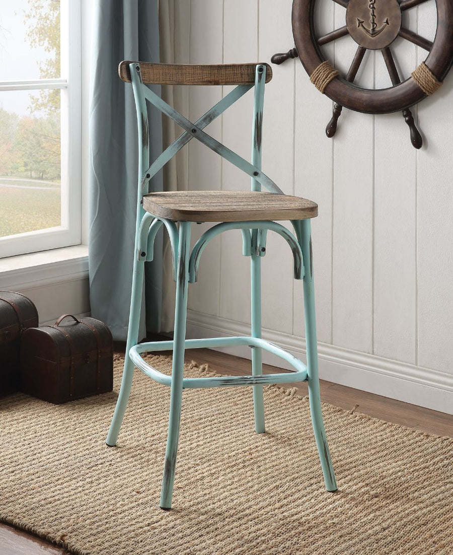 Zaire Industrial Bar Stool - Vintage Metal & Antique Oak Seat in Antique Sky or Turquoise