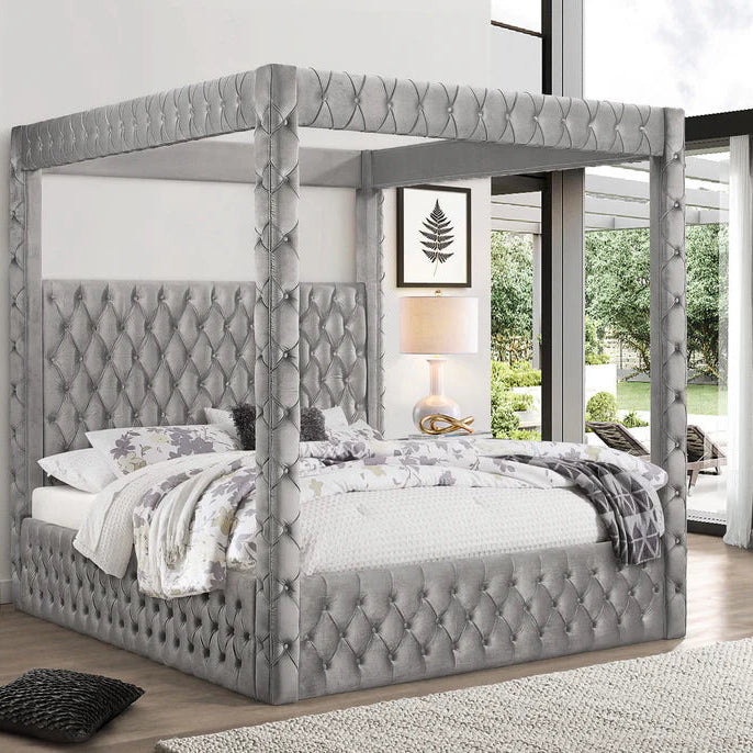 Aya Velvet Canopy Bed with Tufted Design