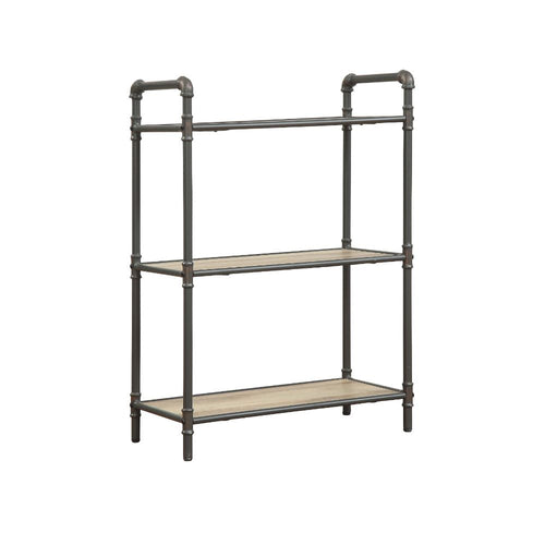 Itzel Industrial Bookshelf - Metal Pipe Frame & Open Wood Shelves in Antique Oak & Sandy Gray