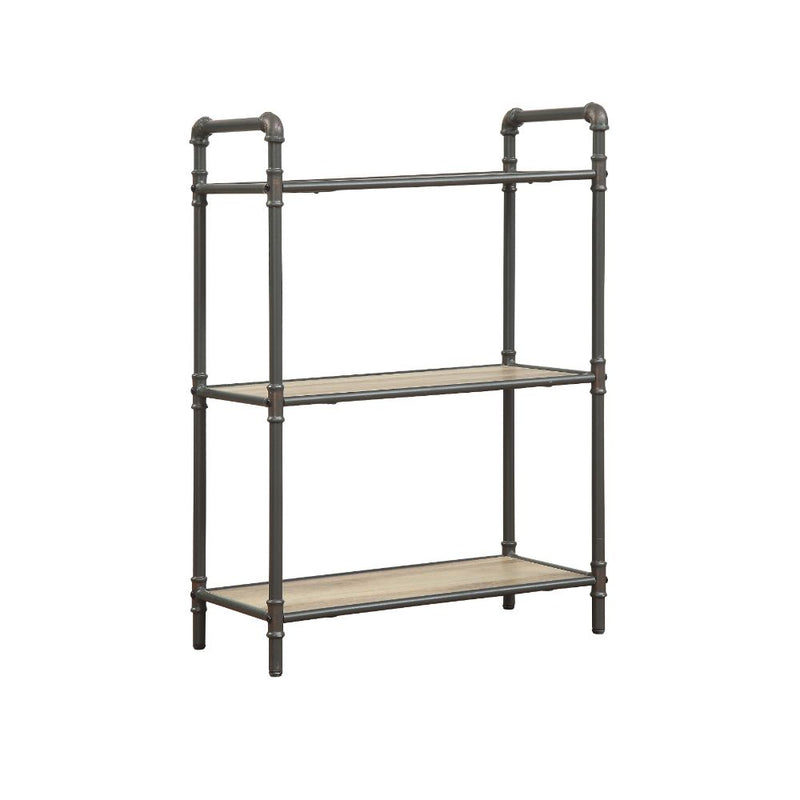Itzel Industrial Bookshelf - Metal Pipe Frame & Open Wood Shelves in Antique Oak & Sandy Gray