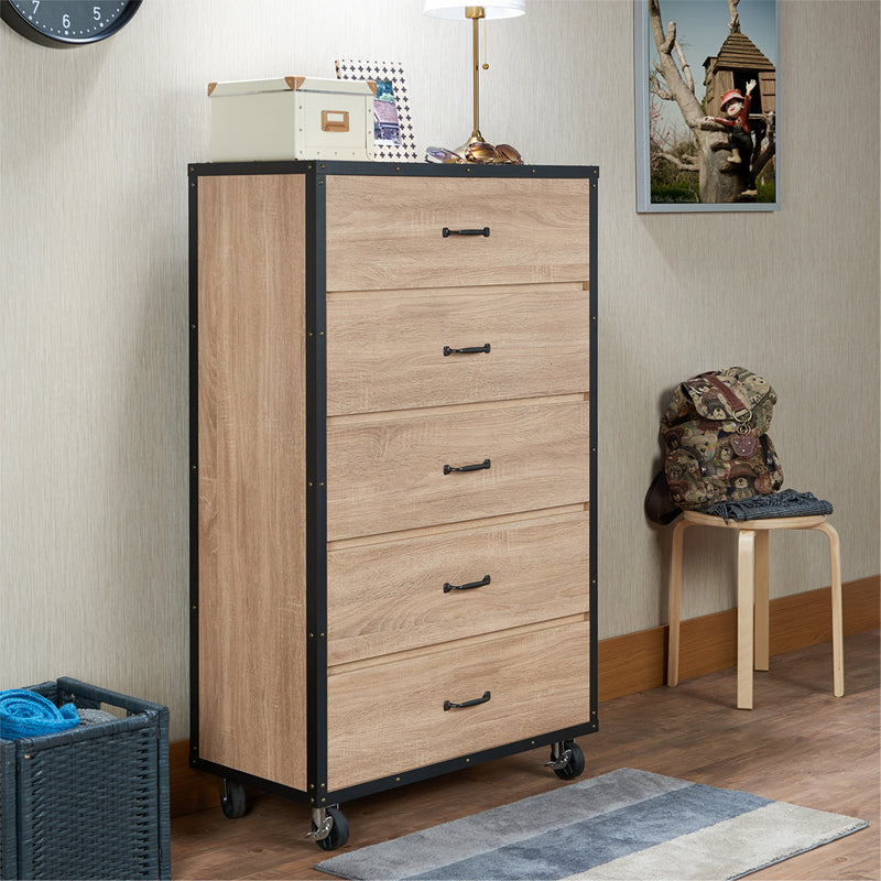 Bemis 5-Drawer Chest - Riveted Contrast Trim & Industrial Caster Wheels in Weathered Light Oak