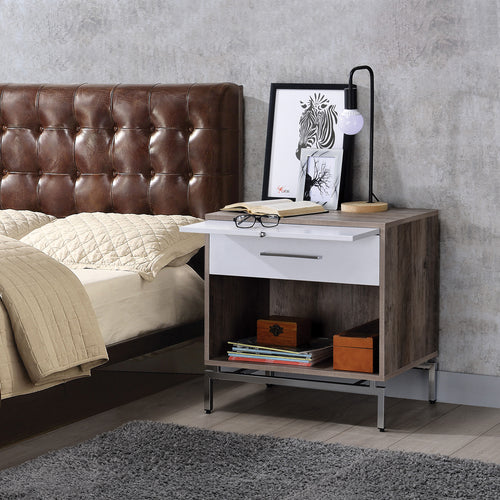 Cistus Accent Table - Pull Tray, Drawer & Open Shelf in Weathered Gray Oak & White